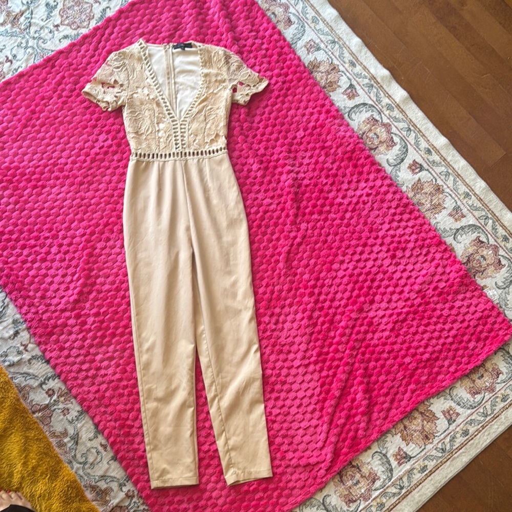 Cream Short Sleeve Tapered Jumpsuit